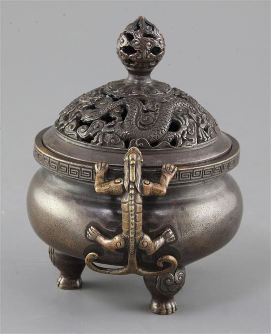 A Chinese bronze ding censer and cover, width 16cm